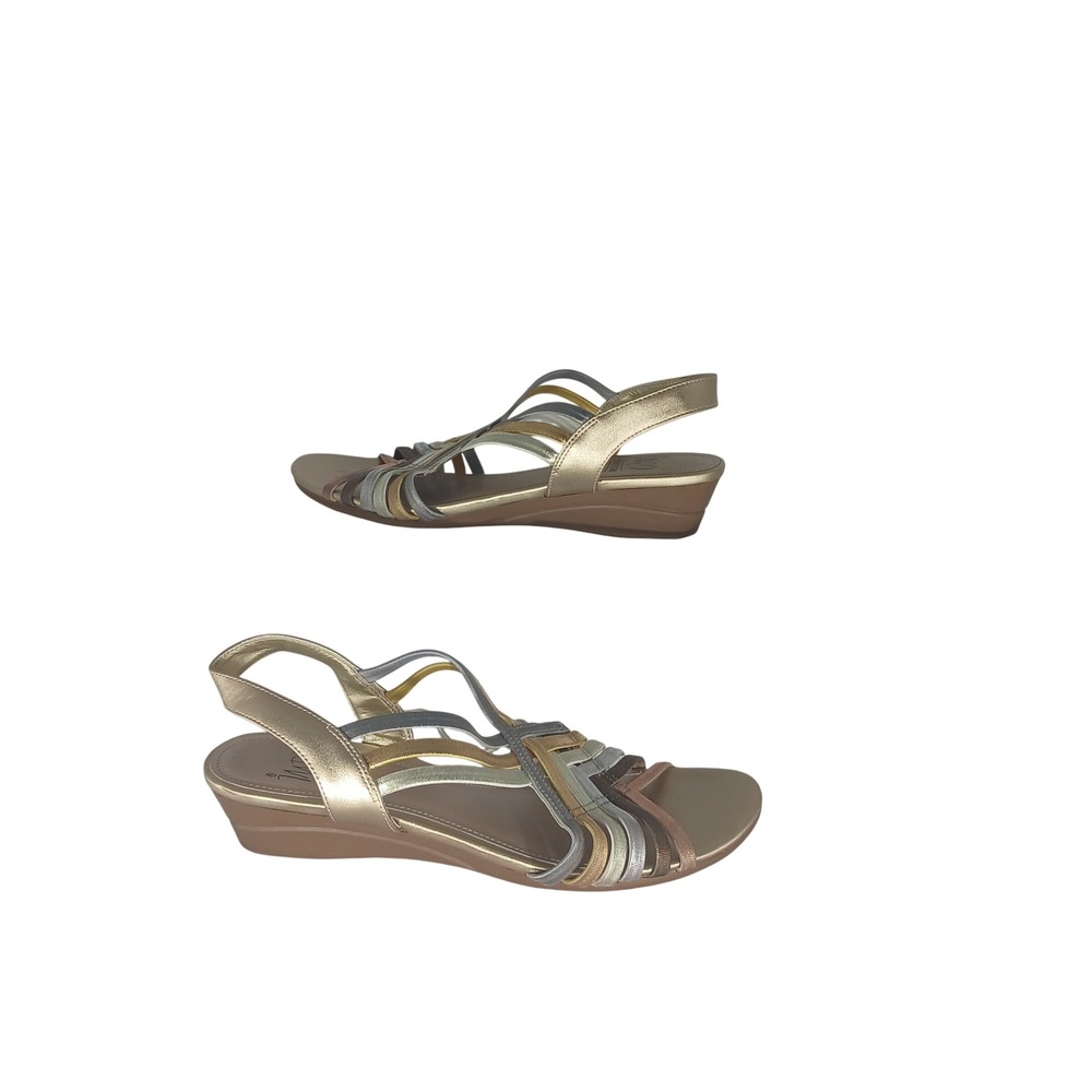 Impo Rosie Wedge Sandals 8M Gold Multi Metallic Strappy Slingback Stretch